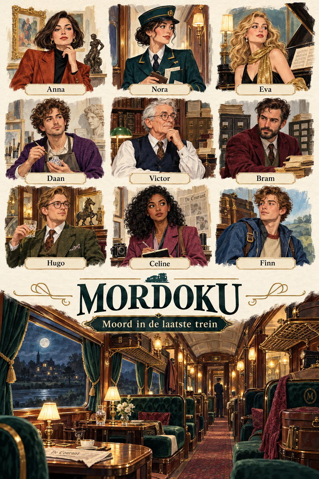 De negen geïllustreerde personages van Moord in de laatste trein en een sfeervol treininterieur